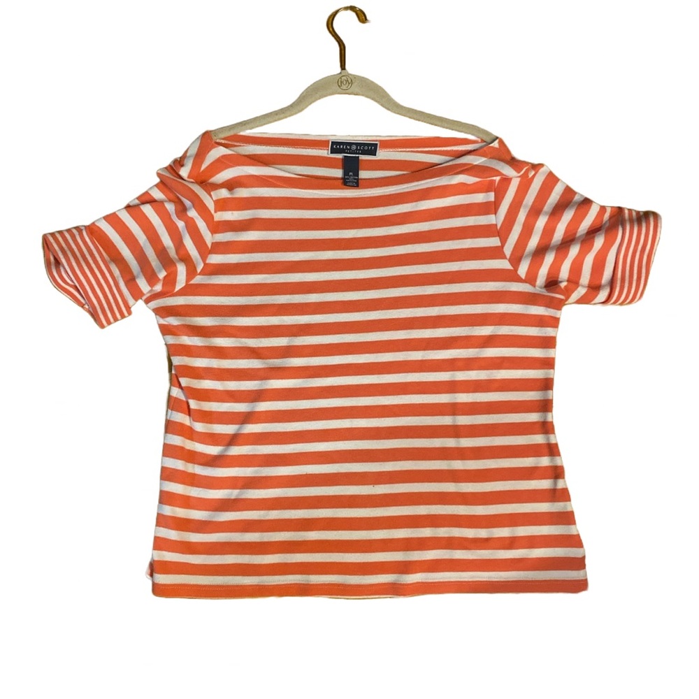 Karen Scott Petite Large PL striped coral casual shirt cuff sleeves Women’s top